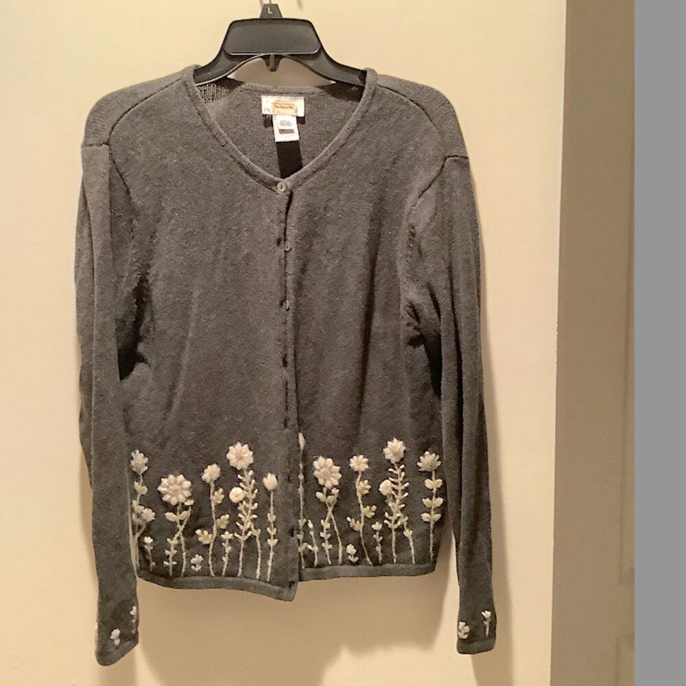 talbots embroidered 100% lambswool cardigan, Dark Gray, Size L